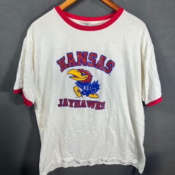 Anvil Other - Anvil Kansas Jayhawks Ringer T-Shirt Mens XL White Red Vintage Collegiate